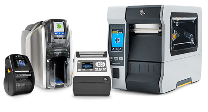 A group of label printers of various sizes and models with screens and buttons.