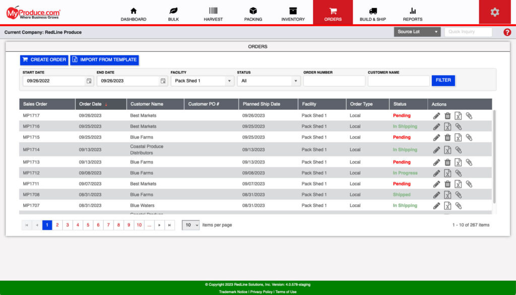 A screenshot of an order management system showing a list of produce orders with details and statuses.