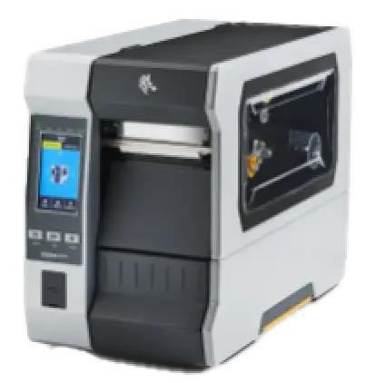 A Zebra brand industrial printer with control panel and digital display screen on the left side.