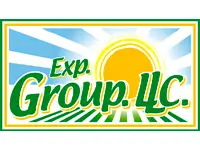 Exp. Group LLC logo featuring a bright sun with rays over green fields.