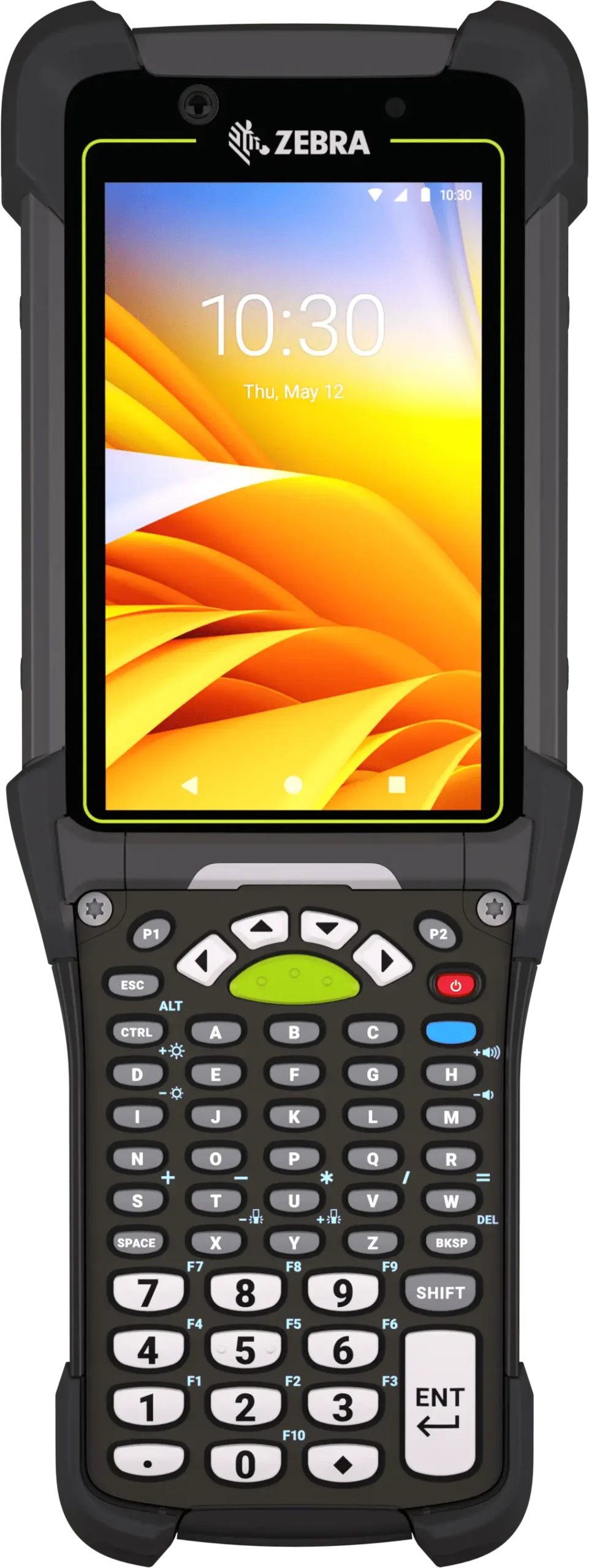 A handheld barcode scanner with a touch screen displaying 10:30 and a physical keypad below it.