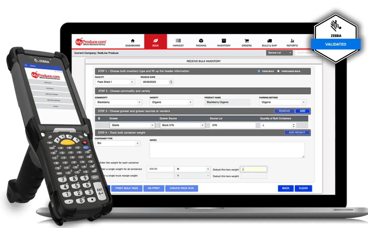 Handheld barcode scanner and laptop displaying an inventory management software interface from MyProduce.com.