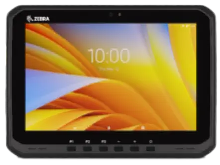 A rugged Zebra tablet with a 10-inch display showing the time 10:00 and vibrant yellow and orange background patterns.