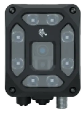 A black industrial camera with multiple lenses and rugged design, mounted with two connectors at the bottom.